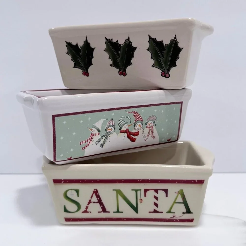 Nantucket Set of 3 Ceramic Mini Bread Loaf Pans SANTA Snowmen Holly Holiday 5x3